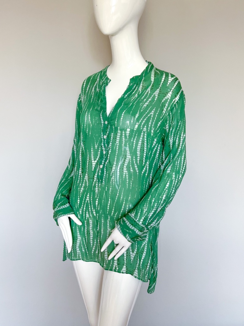 NEW ZARA LONG PRINT BLOUSE Green White Striped Viscose Tunic M